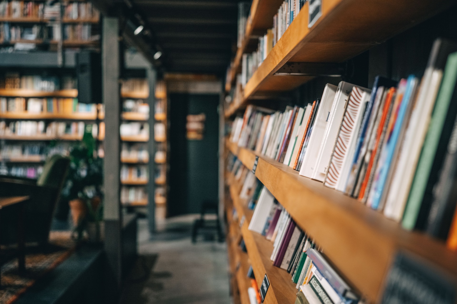 A library's quiet embrace - rows of books lining wooden shelves